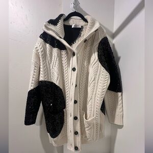 Valentino Cardigan Sweater Ivory Cable Knit with Black Sequin Embellishments